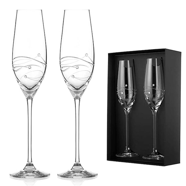 "DIAMANTE Swarovski Champagne Flutes Prosecco Gläser Paar mit ""Spiral"" Hand geschnitten Design verschönert mit Swarovski-Kristallen in Geschenkbox."