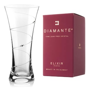 May include: A clear glass vase with a decorative swirl design and small crystal accents. The vase is labeled "Diamante Elixir Collection Beauty in its Element".