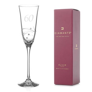 DIAMANTE Swarovski 60th Birthday Champagne Glass – Single Crystal Champagne Flute, Hand Etched “60” - Embellished with Swarovski Crystals