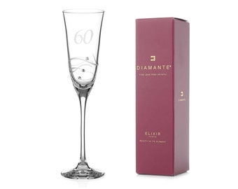 DIAMANTE Swarovski 60th Birthday Champagne Glass – Single Crystal Champagne Flute, Hand Etched “60” - Embellished with Swarovski Crystals