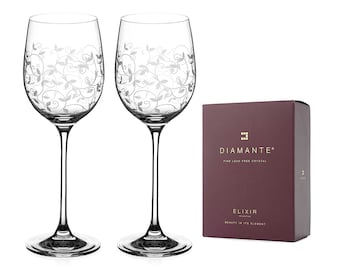 DIAMANTE Vitvinsglas Par - ‘Floral Moda’ Kollektion Handetsade Kristallvinglas - Set om 2