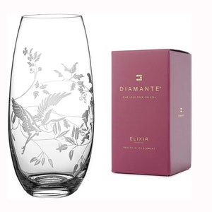 DIAMANTE Fliegender Reiher Vase - Geätztes Wildes Blumenmuster mit Fliegendem Reiher Vogel - 25 cm