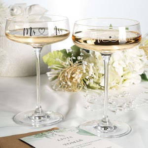 DIAMANTE Set of 2 Champagne Cocktail Coupes Saucers Pair - ‘Mr & Mrs’ Platinum Print Wedding Slogan - Set of 2