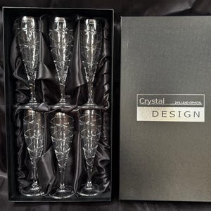 Set of 6 Crystal Champagne Flutes | 24% Lead Crystal Glasses | Spiral Cut Design | Luxury Gift Box | Wedding & Anniversary Toasting Glasses