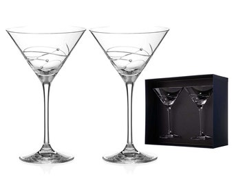 DIAMANTE Swarovski Martini Prosecco Cocktail Glasses Pair - ‘Spiral' - Hand Cut Crystal Glass with Crystals - Gift Box