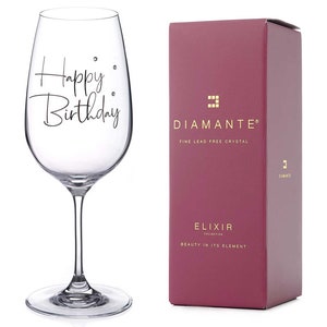 DIAMANTE Swarovski&quot;Happy Birthday&quot; Wine Glass – Single Crystal Wine Goblet with Happy Birthday Slogan and Swarovski Crystals – Gift Boxed
