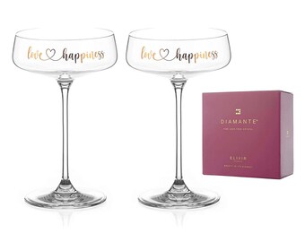 DIAMANTE Set of 2 Champagne Cocktail Gold Saucers Pair - ‘Love & Happiness’ - Set of 2