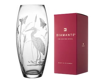 DIAMANTE Barrel Shaped Crystal Vase "Heron" - Etched Bird Decoration Wildlife Flower Vase - 30cm