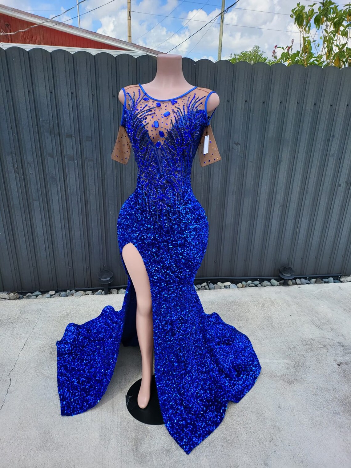 Royal Blue Prom Gown Sequin Rhinestone Dress With Split Etsy