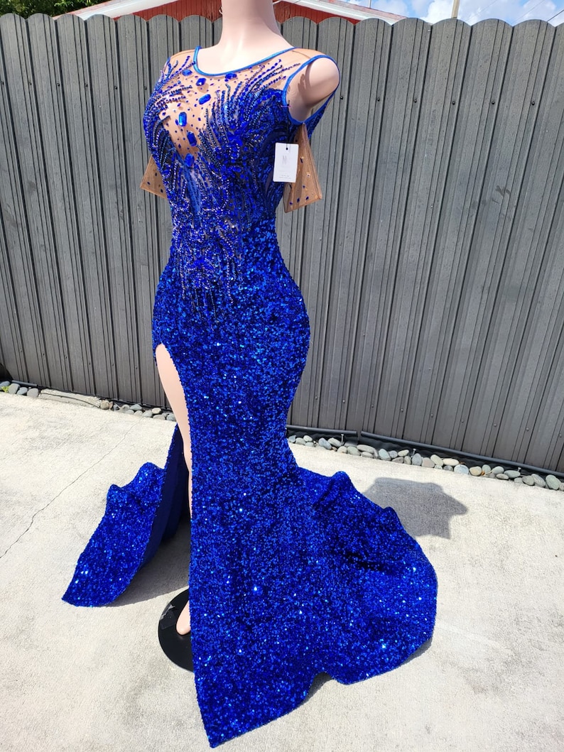 Royal Blue Prom Gown Sequin Rhinestone Dress With Split Etsy