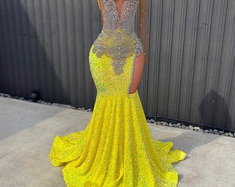 Prom Dress Yellow One Sleeve Gown Iridescent Rhinestone Bodice Mermaid Gown