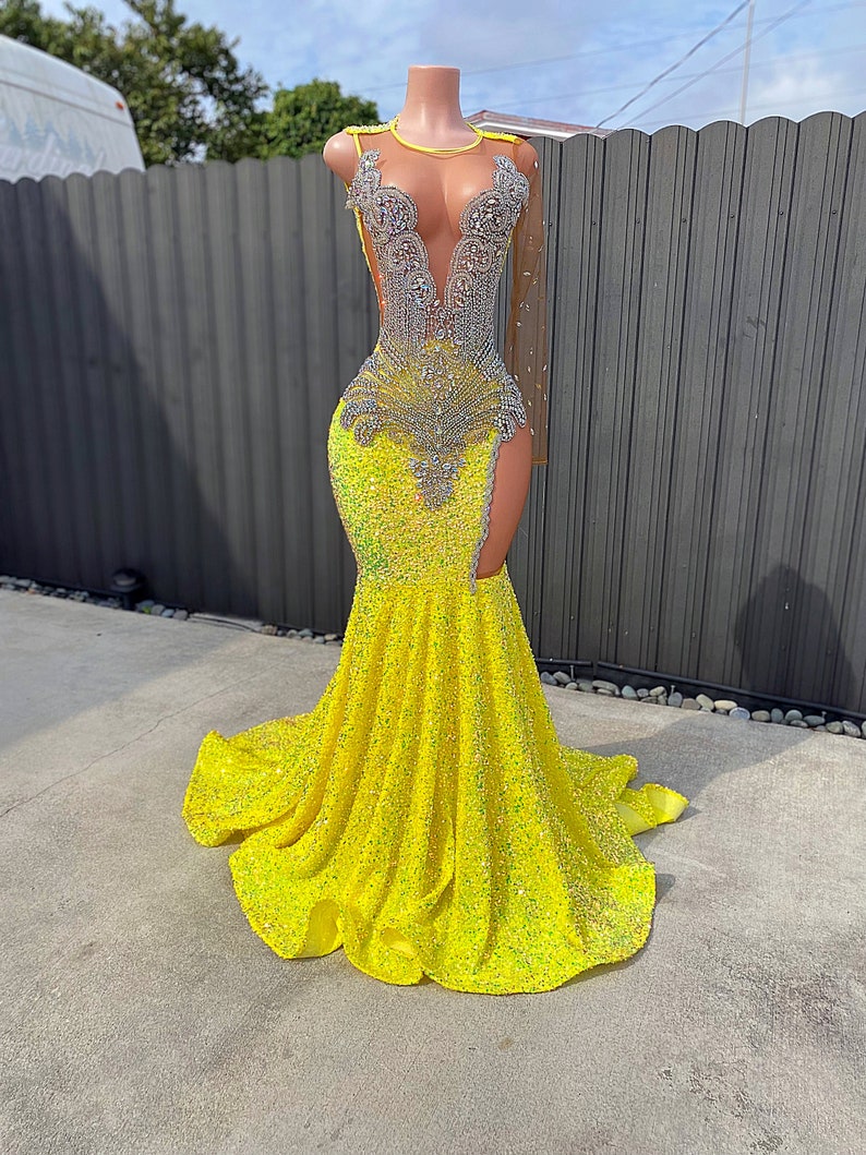 Prom Dress Yellow One Sleeve Gown Iridescent Rhinestone Bodice - Etsy