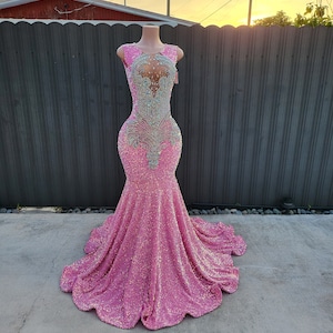 Off the Shoulder Pink Sequins Crystals Prom Dresses Side Leg Split Bling  Bling Shiny Evening Dress