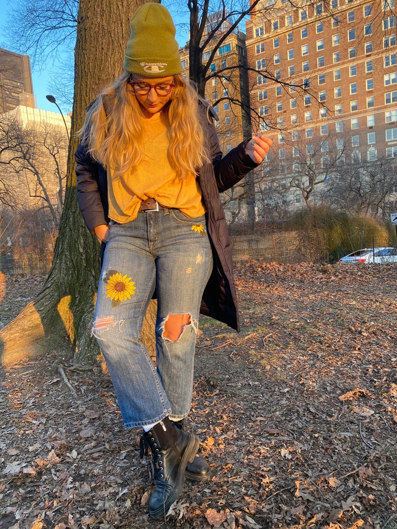 Embroidered Sunflower Jeans Etsy