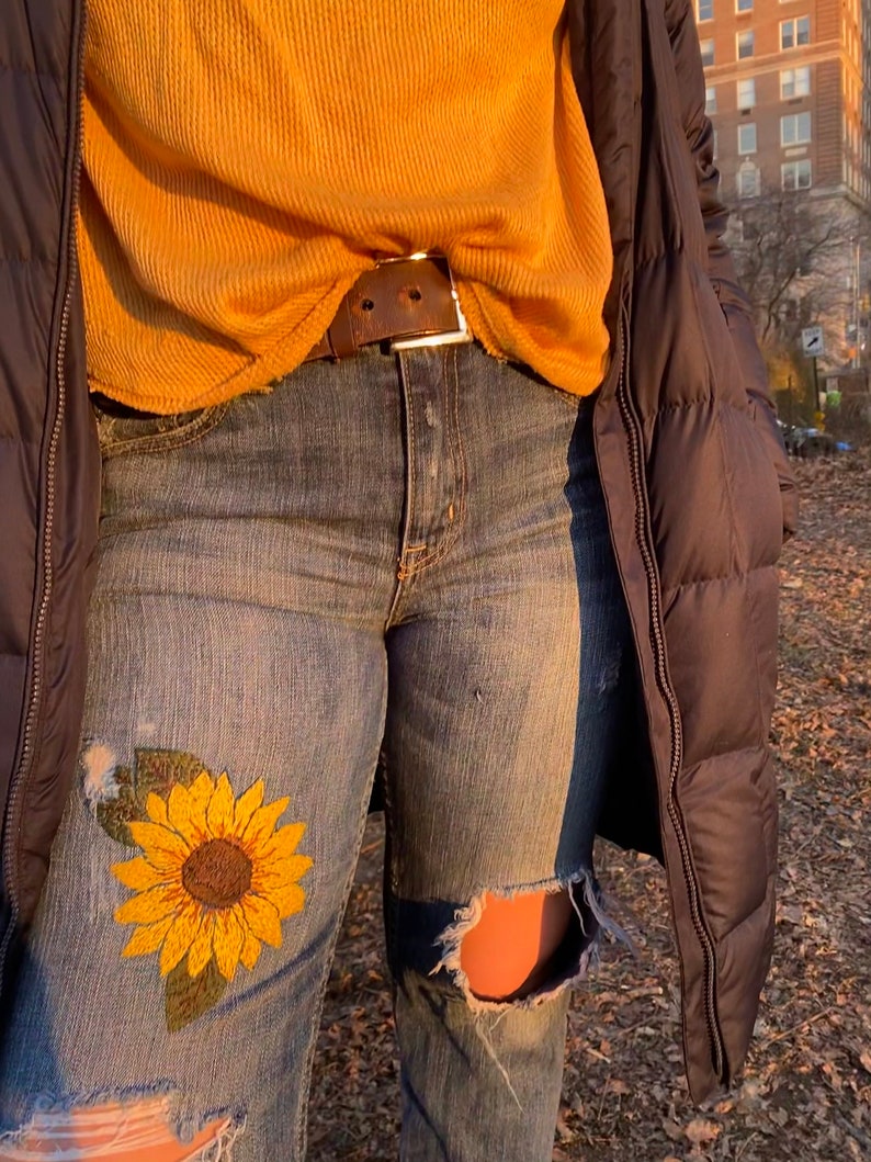 Embroidered Sunflower Jeans Etsy