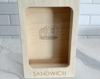 Wide Wooden Sandwich Bag Organizer Box, Kitchen Storage, Made in USA