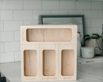Wooden Baggie Organizer Box for Multiple Bag Sizes, Handmade Birch Wood Kitchen Drawer Storage, Baggie & Food Bag Holder, Made in USA