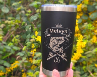 Personalised 20oz Engraved Fishing Tumbler – Bass Angler Travel Mug Custom Name Gift Birthday UK