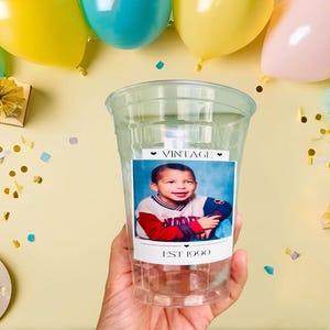 Personalisierte Party Tassen ! Personalisierte Geburtstag Kunststoff Party Cups Dekor | Personalisierte Gesichtsbildbecher | Jahrgang | 40er | 21