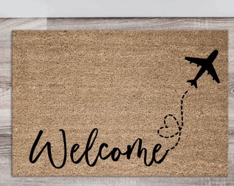 Airplane Heart Doormat – Aviation Welcome Mat 18x30 Coir Rug, Pilot Gift, Flight Attendant