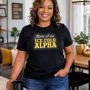 Mom of Alpha Shirt Proud Alpha Mom Tee Black and Gold Greek Life Tshirt Fraternity Mom Gift Apparel for Homecoming Probate Every Day Wear
