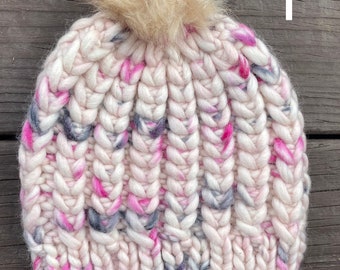 Hand Knit Hat - Knit Beanie - Winter Hat - Custom Hat - Braided Hearts Beanie - Pom Pom Hat - Men's and Women's Hat - Kids Hat - Kids Beanie