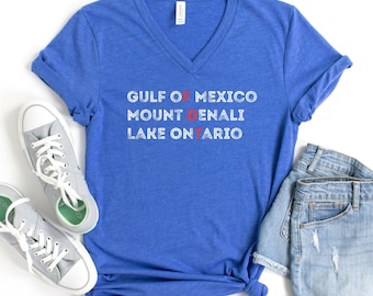 Gulf of Mexico, Mount Denali, Lake Ontario V-Neck Tee, Bella Canvas Unisex FDT Shirt