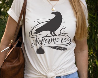May include: White t-shirt with a black raven illustration and the text "Nevermore".