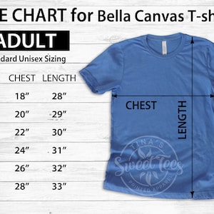 Peut inclure: Tableau des tailles pour les t-shirts Bella Canvas en tailles adultes. Le tableau indique les mesures de la poitrine et de la longueur en pouces pour les tailles S, M, L, XL, 2XL et 3XL. Un t-shirt Bella Canvas bleu est pr&eacute;sent&eacute; &agrave; c&ocirc;t&eacute; du tableau.