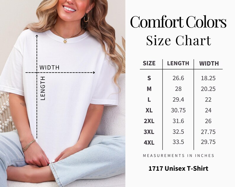 Może przedstawiać: Biała koszulka unisex z tabelą rozmiar&oacute;w. Tabela pokazuje wymiary w calach dla rozmiar&oacute;w od S do 4XL. Widoczny jest r&oacute;wnież tekst "Comfort Colors" i "1717 Unisex T-Shirt".