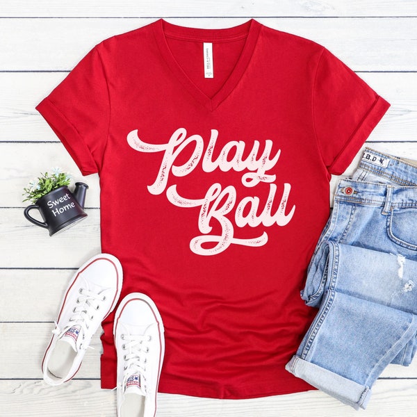 V-neck Playball shirt for baseball mom, Retro Baseball Shirt for mom, vneck tshirt for women, Sport Mom shirt for the Ballpark, baseball tee