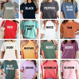 May include: A collection of 16 t-shirts in various colors, including khaki, black, pepper, blue jean, red, chalky mint, white, yam, ivory, mustard, moss, berry, blue spruce, orchid, watermelon, and blossom. Each shirt has a different color and a text label with the color name.