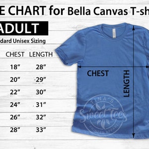 Puede incluir: Tabla de tallas para camisetas Bella Canvas en tallas de adulto. La tabla muestra las medidas de pecho y largo en pulgadas para las tallas S, M, L, XL, 2XL y 3XL. Se muestra una camiseta Bella Canvas azul junto a la tabla.