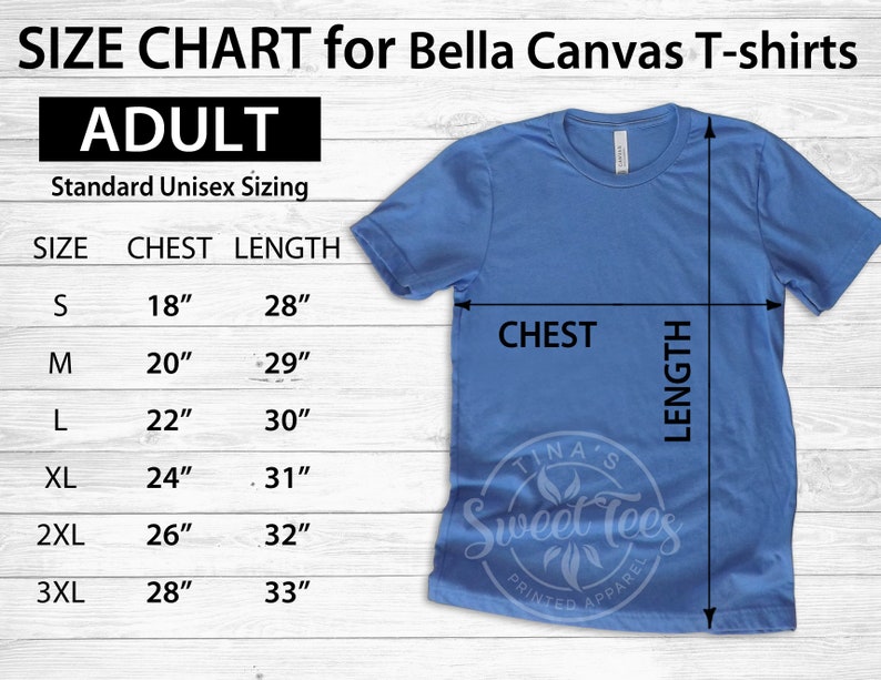 Puede incluir: Tabla de tallas para camisetas Bella Canvas en tallas de adulto. La tabla muestra las medidas de pecho y largo en pulgadas para las tallas S, M, L, XL, 2XL y 3XL. Se muestra una camiseta Bella Canvas azul junto a la tabla.