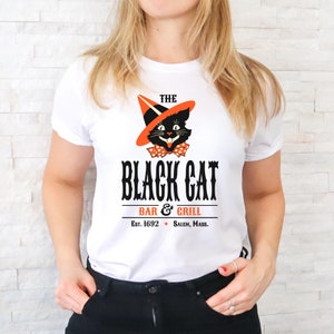 Camiseta vintage de gato negro para Halloween, divertida camiseta con gráfico de otoño