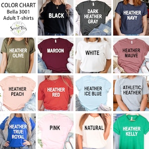 K&ouml;nnte beinhalten: Farbkarte mit Bella 3001 Erwachsenen-T-Shirts in verschiedenen Farben, darunter Schwarz, Dunkelgrau und Heather Navy. Das Bild zeigt eine Vielzahl von T-Shirt-Farben mit dem Namen jeder Farbe in Wei&szlig; gedruckt.