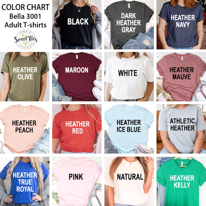 K&ouml;nnte beinhalten: Farbkarte mit Bella 3001 Erwachsenen-T-Shirts in verschiedenen Farben, darunter Schwarz, Dunkelgrau und Heather Navy. Das Bild zeigt eine Vielzahl von T-Shirt-Farben mit dem Namen jeder Farbe in Wei&szlig; gedruckt.