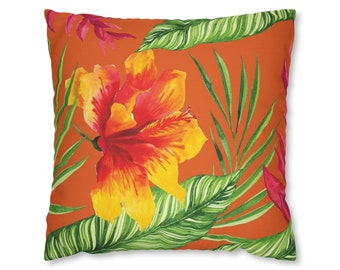Tropical Hibiscus Flower Pillow Cover: Vintage Banana Leaf Design
