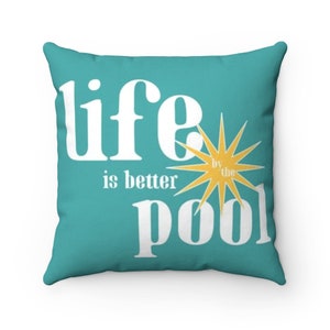 Pillow Cover Life Is Better By The Pool Mykonos Blue White Yellow Throw Pillow Decorative Pillow Geometric Palm Springs Style Saying Pillow