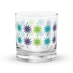 Vintage Style MCM Blue Green Purple Burst Rocks Glass Bottoms Up Midcentury Modern Retro Glass Old Fashioned Glass Cocktail Glass