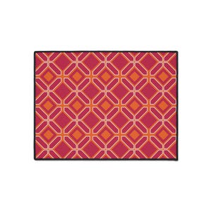 May include: A rectangular rug with a geometric pattern. The design features a repeating pattern of diamonds and squares in shades of red, orange, and white. The rug has a black border.