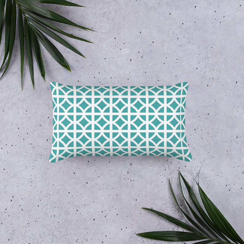 Breeze Block Pillow Cover Throw Pillow Decorative Pillow Home Decor Cushion Mid Century Modern Turquoise Blue White Geometric