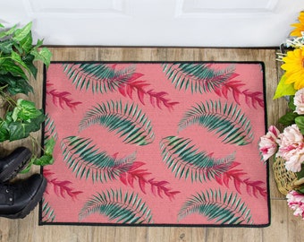 Tropical Leaf Indoor Outdoor Rug Vintage Inspired Hawaiian Print Floor Mat Coral Pink