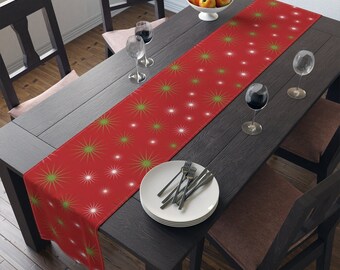 Table Runner Vintage Style Starbursts Crimson Red Green Whimsical Christmas Decoration Retro Holiday Decor Table Cloth Placemat