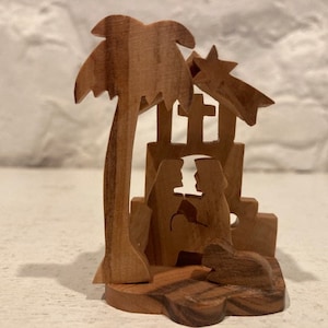 Vintage olive wood nativity ornament made in the Holy Land circa 1970s