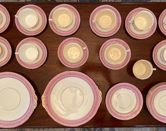 Antique Set of  12 Tea Cup, 11 saucers, 11 dessert plates, 2 platter, pink and gold , thought to be Ridgway China, London shape, circa 1820