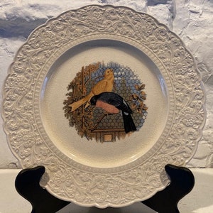 Royal Cauldon, 1920, Aviary plate, featuring a caged canary and bullfinch, 10 1/2&quot; RARE