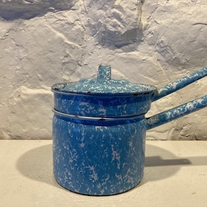 Antique Blue Granite Double Boiler, Blue Swirl pattern, marks consistent with age and use