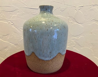 Handmade ceramic jug or vase, luscious blue glaze melting into unglazed base, signed Jen, 2018, 7.5&quot;tall x5&quot; wide