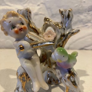 Vintage Figurine Cherub with Violin and small bird, Modern D mark